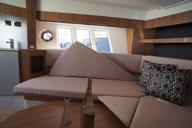 Amaretto Yacht Photos Pics Luxurious interior of 2015 Absolute 40 STL yacht with modern furnishings.