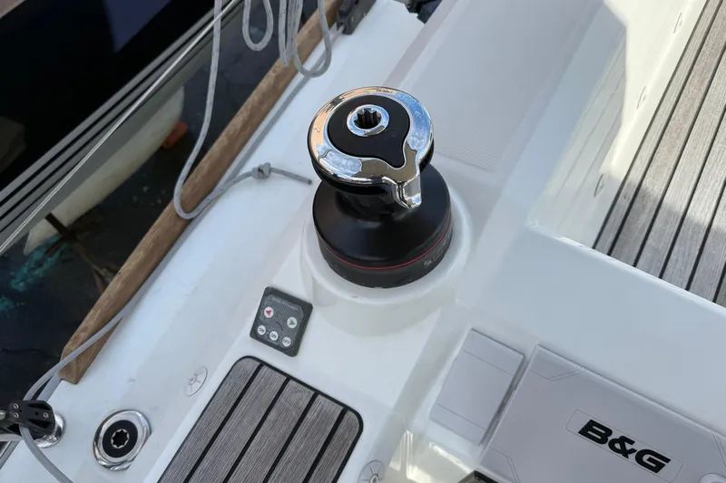  Yacht Photos Pics Winch and control panel on 2021 Beneteau Oceanis 35.1 sailboat deck.