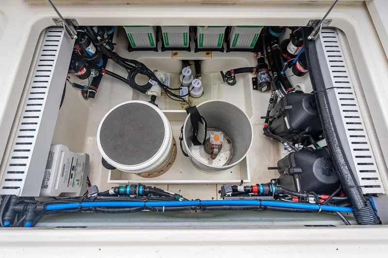 330 Boston Whaler Yacht Photos Pics 2017 Boston Whaler 330 Outrage engine compartment with wiring and components.