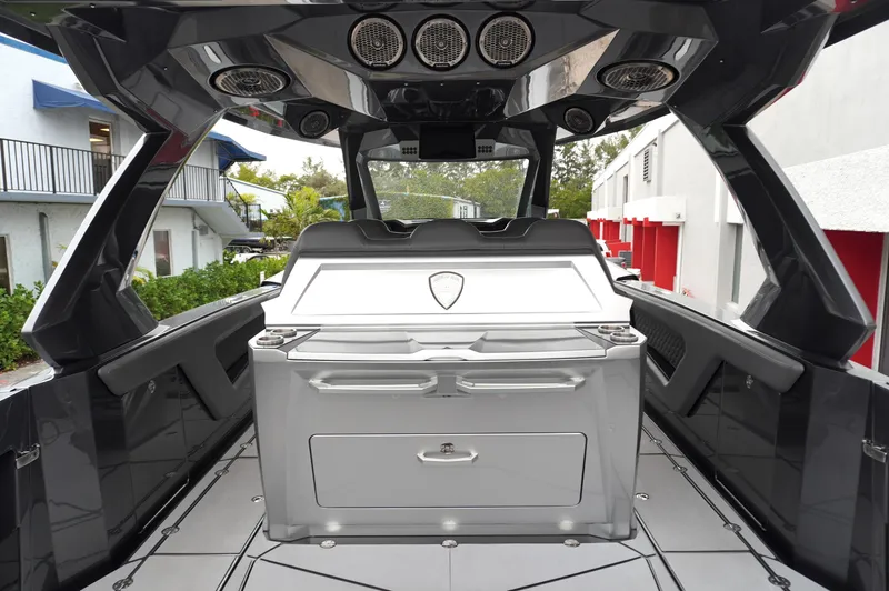 C Daze Yacht Photos Pics 2024 Adrenaline 47 Reaper boat interior with sleek design and advanced audio system.