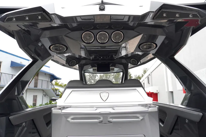 C Daze Yacht Photos Pics Interior view of 2024 Adrenaline 47 Reaper boat, showcasing sleek design and advanced audio system.