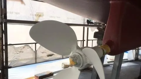 1730 Yacht Photos Pics Propeller of 1999 Beneteau Oceanis Clipper 44 CC sailboat in dry dock.