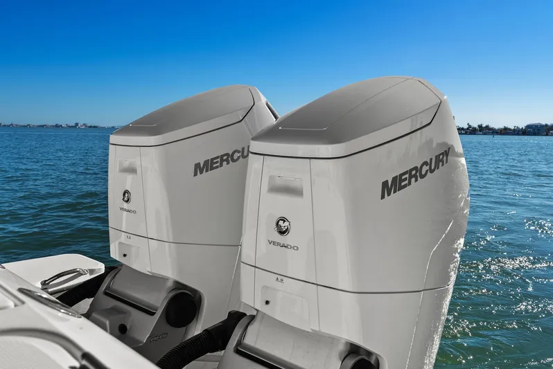  Yacht Photos Pics Two Mercury Verado engines on a 2023 Bertram 39 CC boat.