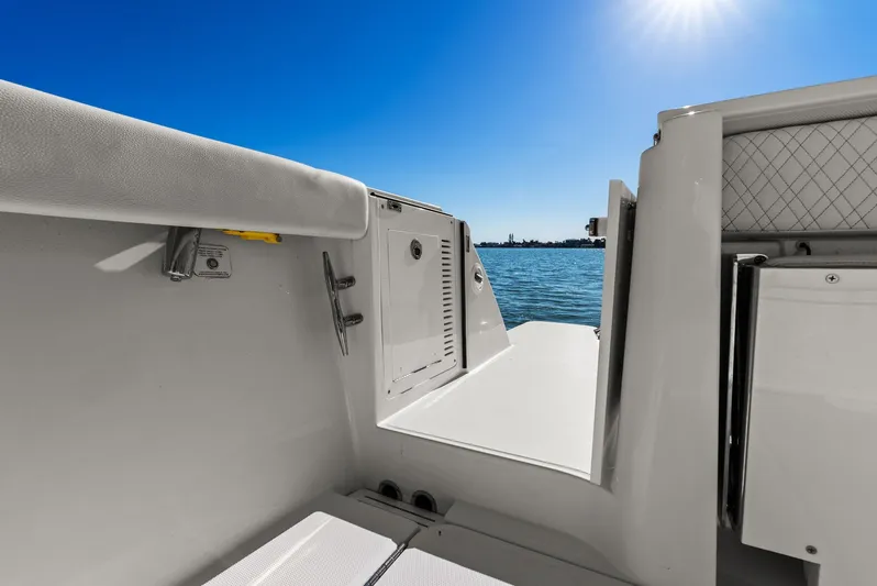  Yacht Photos Pics Interior view of Bertram 39 CC yacht, 2023 model, overlooking the water.