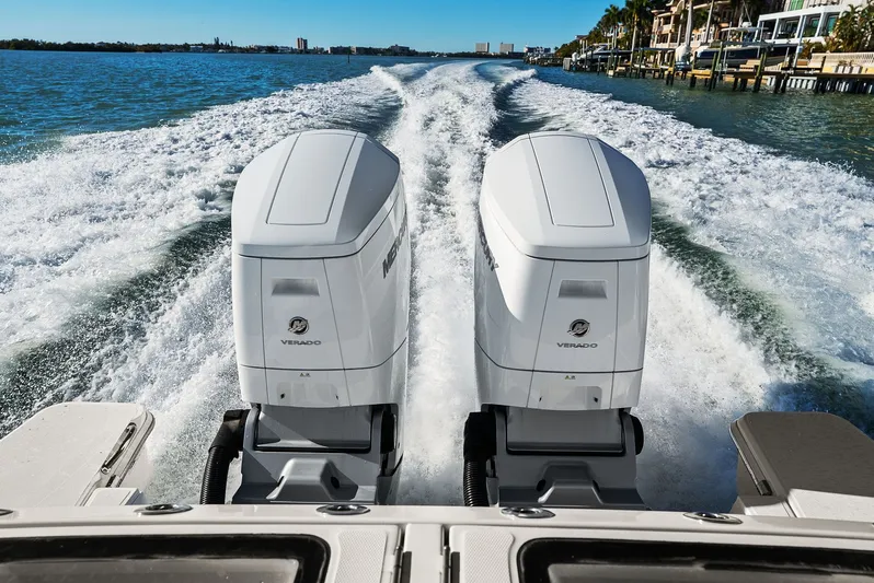  Yacht Photos Pics 2023 Bertram 39 CC with twin Mercury Verado engines on water.