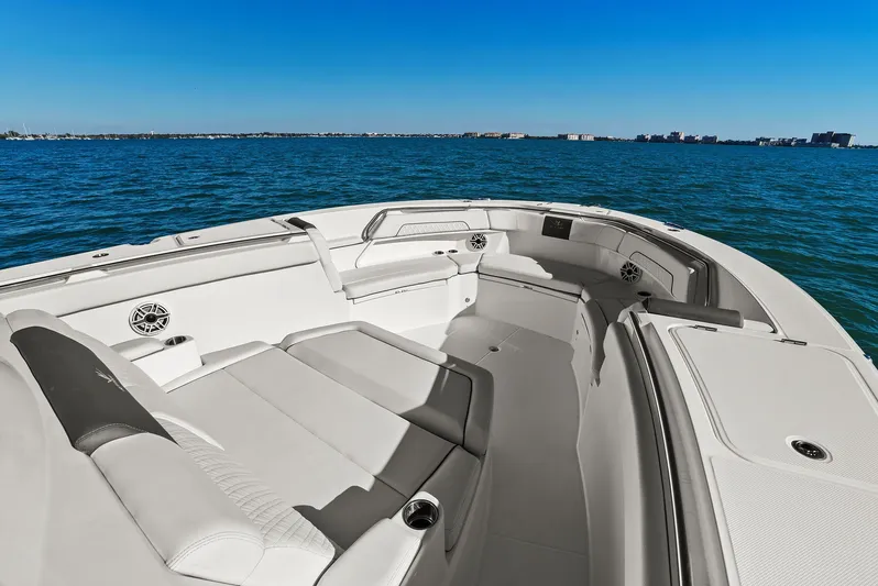  Yacht Photos Pics Bertram 39 CC 2023 boat with luxurious deck on open sea.