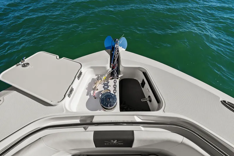  Yacht Photos Pics Anchor area of 2023 Bertram 39 CC on calm water.