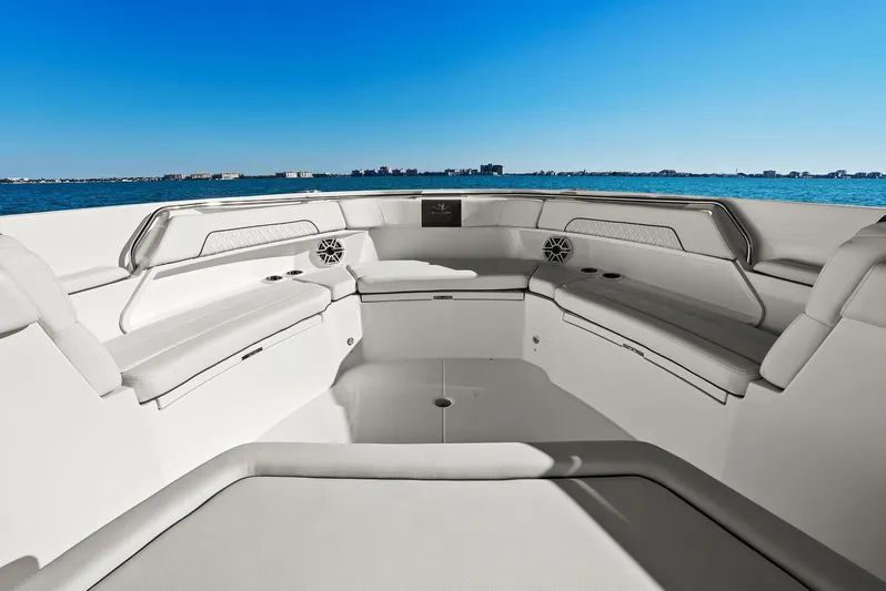  Yacht Photos Pics Interior of 2023 Bertram 39 CC yacht with luxurious seating area.