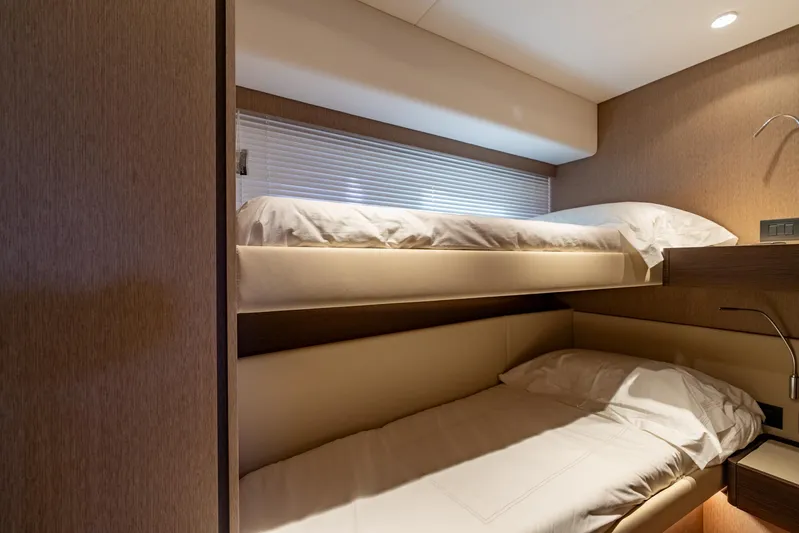 Cecilonga Yacht Photos Pics 2023 Ferretti Yachts 50 FLY cabin with bunk beds and modern interior design.