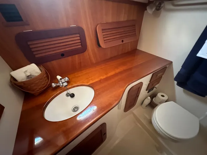 Amanti De Gaja Yacht Photos Pics Hinckley Picnic Boat 37 MKIII 2009 bathroom with wooden countertop, sink, and toilet.