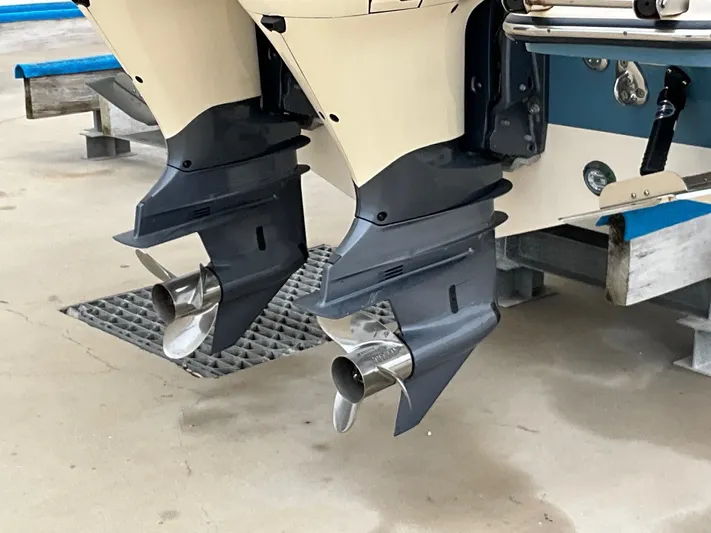  Yacht Photos Pics Twin engines of a 2020 Grady-White Freedom 325 boat.