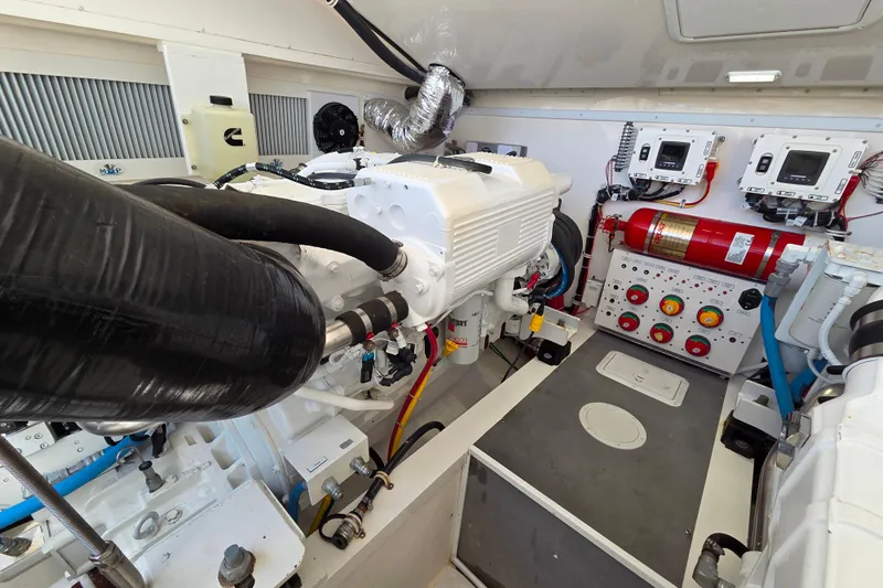 Salty Bear Yacht Photos Pics Engine room of 2022 Albemarle 36 Express boat, featuring modern equipment and controls.