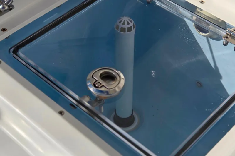 Salty Bear Yacht Photos Pics Livewell compartment on 2022 Albemarle 36 Express boat, featuring a secure latch and clear lid.