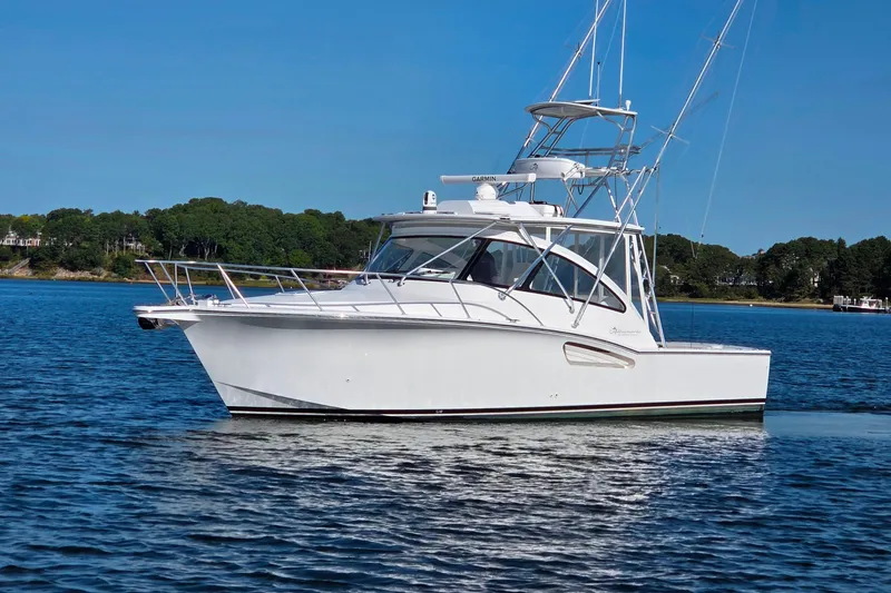 Salty Bear Yacht Photos Pics 2022 Albemarle 36 Express boat on calm water with clear blue sky.