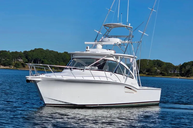 Salty Bear Yacht Photos Pics 2022 Albemarle 36 Express boat on calm water with clear blue sky.