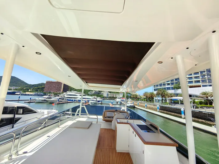  Yacht Photos Pics Luxurious 2021 Monte Carlo MC6 yacht deck with marina view, featuring sleek design and modern amenities.