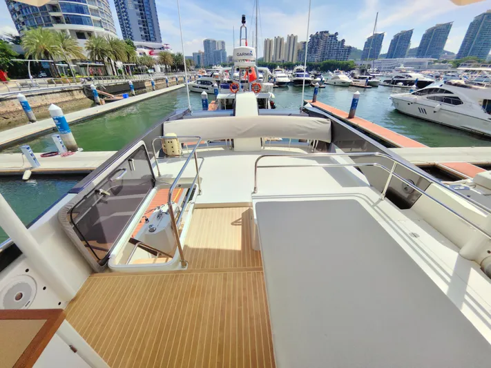  Yacht Photos Pics Luxurious 2021 Monte Carlo MC6 yacht docked at a modern marina with cityscape views.