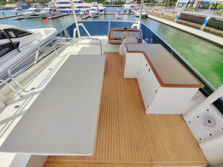  Yacht Photos Pics Luxurious Monte Carlo MC6 2021 yacht deck with seating and helm, docked at marina.