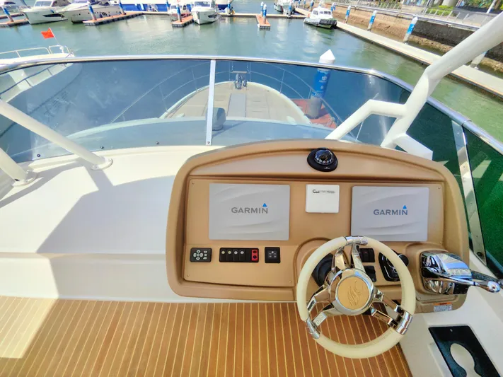  Yacht Photos Pics Cockpit of 2021 Monte Carlo MC6 yacht with Garmin navigation system, docked at marina.