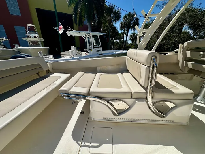  Yacht Photos Pics Interior of 2024 Boston Whaler 320 Vantage with beige seating.