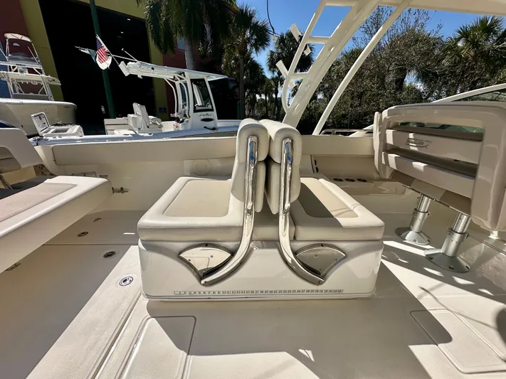  Yacht Photos Pics Interior of 2024 Boston Whaler 320 Vantage with luxurious seating.