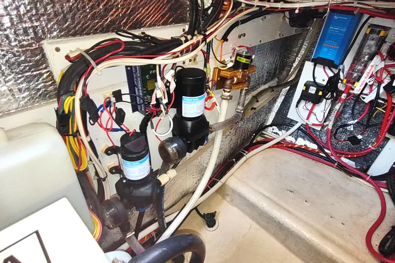 Bernardi Yacht Photos Pics Engine room wiring and components of a 2004 Nordic Tug 32 boat.