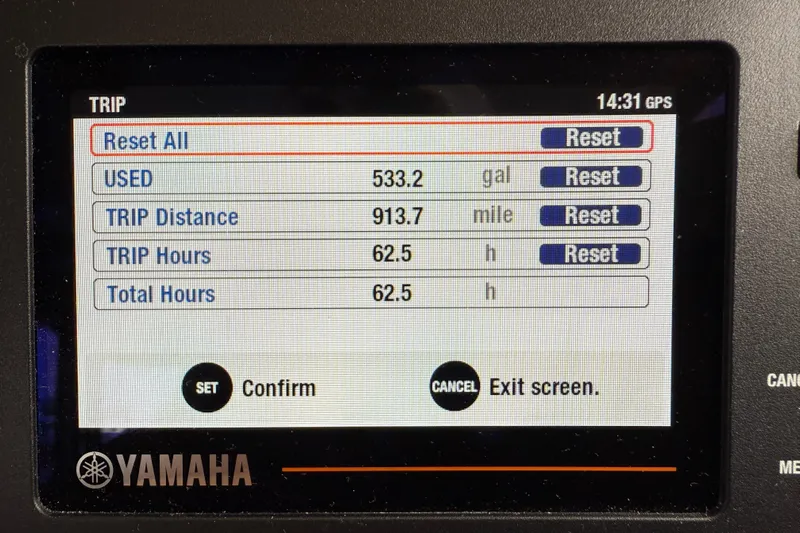  Yacht Photos Pics Yamaha trip display showing fuel usage and distance for 2025 Ranger Tugs R-27.