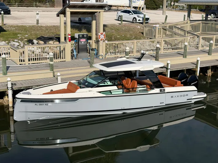  Yacht Photos Pics 2025 Saxdor 320 GTO boat docked with sleek design.