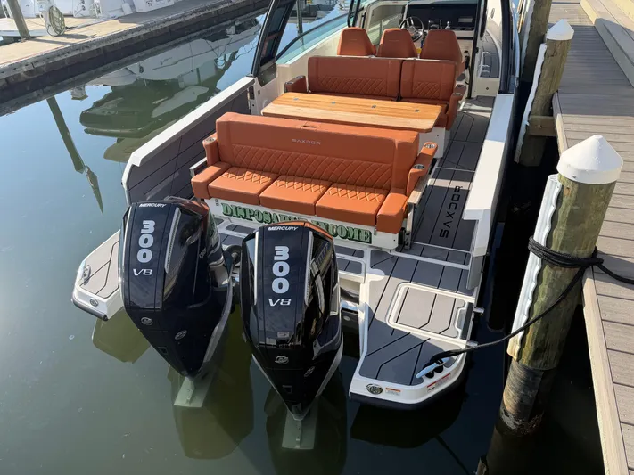  Yacht Photos Pics Saxdor 320 GTO 2025 with twin Mercury 300 V8 engines at dock.