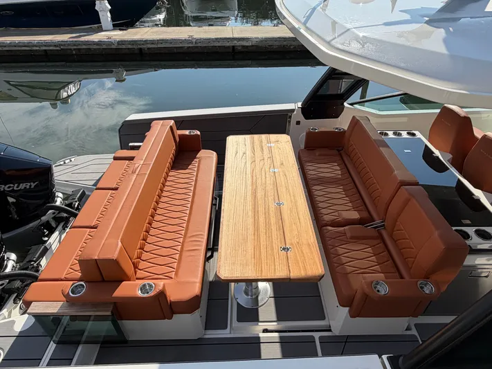  Yacht Photos Pics Luxurious seating in Saxdor 320 GTO boat, model year 2025.