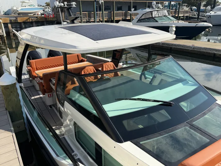  Yacht Photos Pics Saxdor 320 GTO 2025 with modern design docked at marina.