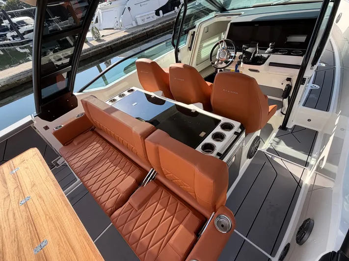  Yacht Photos Pics Luxurious interior of the 2025 Saxdor 320 GTO with leather seating.