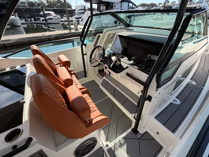  Yacht Photos Pics Interior of 2025 Saxdor 320 GTO with leather seats and control console.
