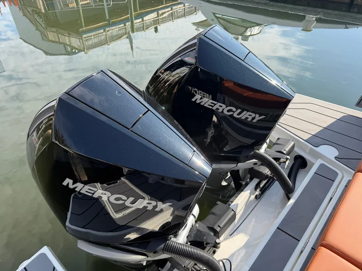  Yacht Photos Pics Twin Mercury engines on a Saxdor 320 GTO boat, year 2025.