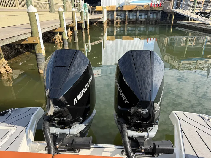  Yacht Photos Pics Saxdor 320 GTO 2025 with Mercury Verado engines at dock.