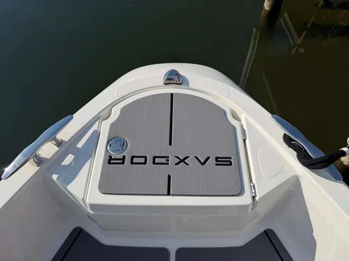  Yacht Photos Pics Saxdor 320 GTO 2025 boat, front deck view by the water.