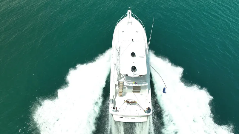 Spill Yacht Photos Pics Aerial view of a 2007 Bertram 510 Convertible yacht cruising on the ocean.