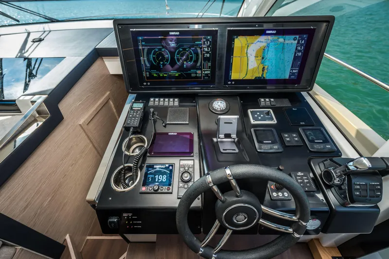 Scotts N Water Yacht Photos Pics 2024 Greenline 45 Coupe Hybrid yacht cockpit with advanced navigation displays and controls.