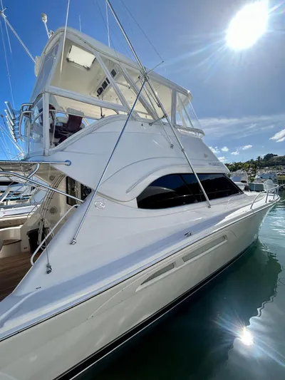  Yacht Photos Pics 2007 Riviera 47 Convertible yacht docked under bright sun and clear sky.