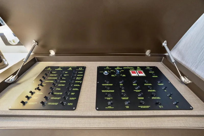 Guyal Yacht Photos Pics Control panel of 2024 Azimut Fly 53 yacht, featuring switches and indicators.