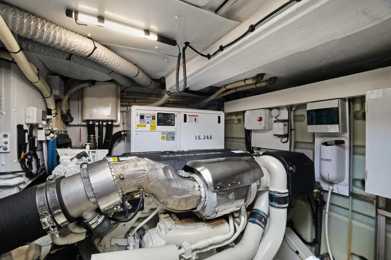 Guyal Yacht Photos Pics Engine room of 2024 Azimut Fly 53 yacht, showcasing advanced machinery and equipment.