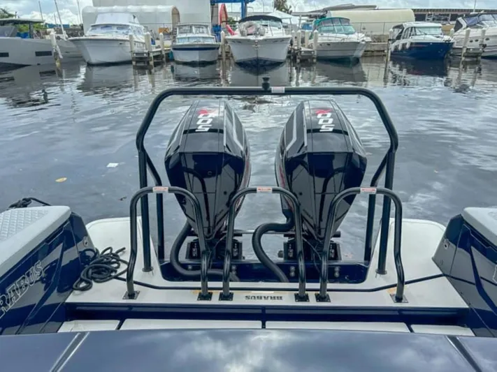  Yacht Photos Pics 2024 BRABUS Shadow 1000 ST boat with twin outboard engines docked at marina.
