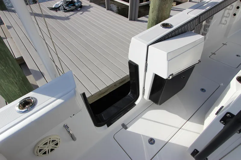  Yacht Photos Pics 2020 Wellcraft 302 Fisherman boat interior, showing deck and storage compartments.