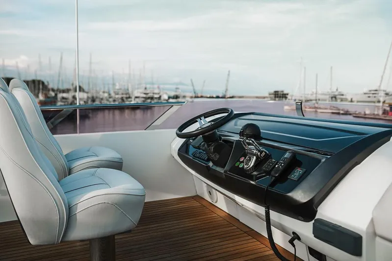  Yacht Photos Pics Helm of 2014 Princess S72 yacht with dual seats and marina view.