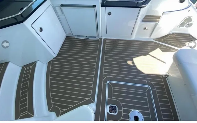 Our Seabatical Yacht Photos Pics 2014 Formula 45 Yacht interior with sleek, modern design and wood-patterned flooring.