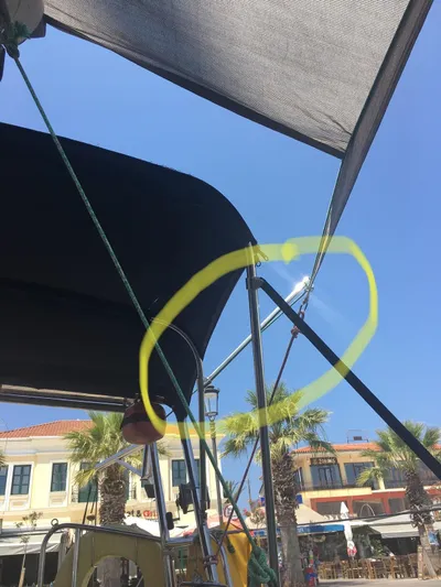  Yacht Photos Pics Sailboat canopy and rigging under clear blue sky, Van De Stadt 44 Deck Saloon, 1990.