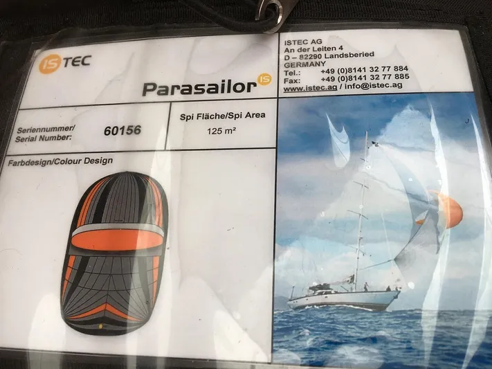  Yacht Photos Pics Parasailor ID card with Van De Stadt 44 Deck Saloon image, serial number 60156, sail area 125m&sup2;.