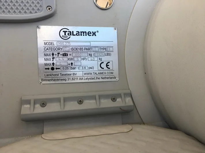  Yacht Photos Pics Talamex label on Van De Stadt 44 Deck Saloon, 1990 model, displaying specifications and certifications.