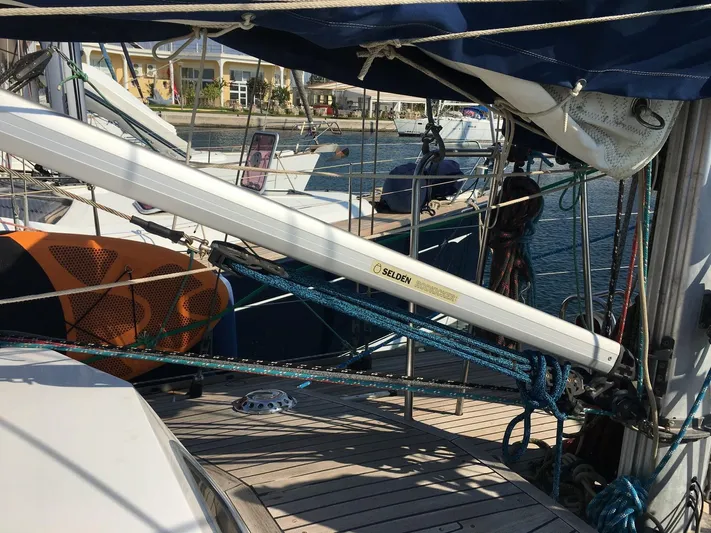  Yacht Photos Pics Van De Stadt 44 Deck Saloon sailboat, 1990, with rigging and deck details in a marina setting.