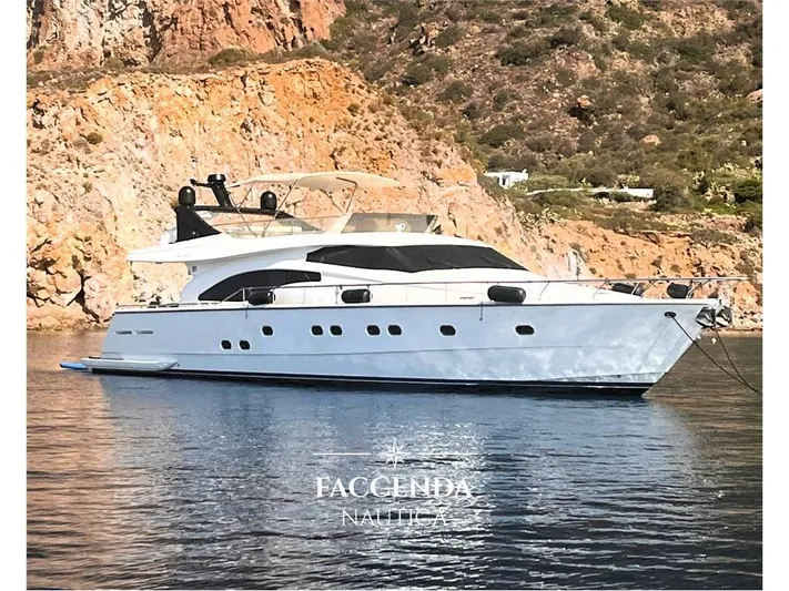  Yacht Photos Pics 1999 Ferretti Yachts 68 Anniversary moored by rocky coastline.